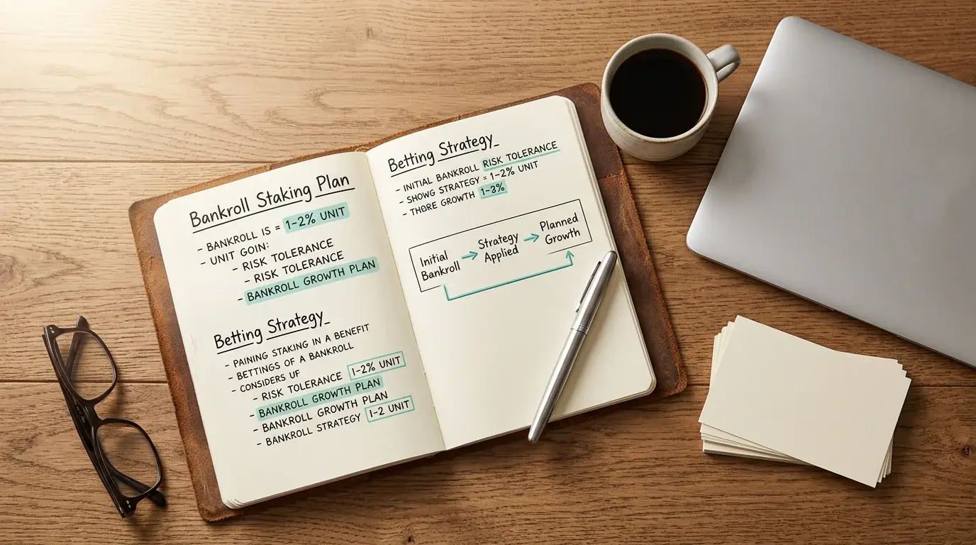 Cuaderno con anotaciones de planificación de bankroll junto a un ordenador portátil