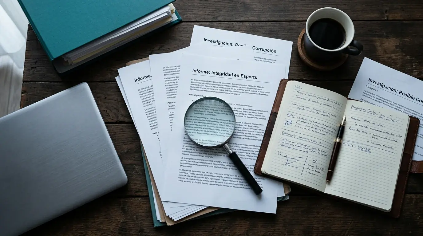 Documentos de investigación sobre transacciones sospechosas en esports sobre una mesa de trabajo