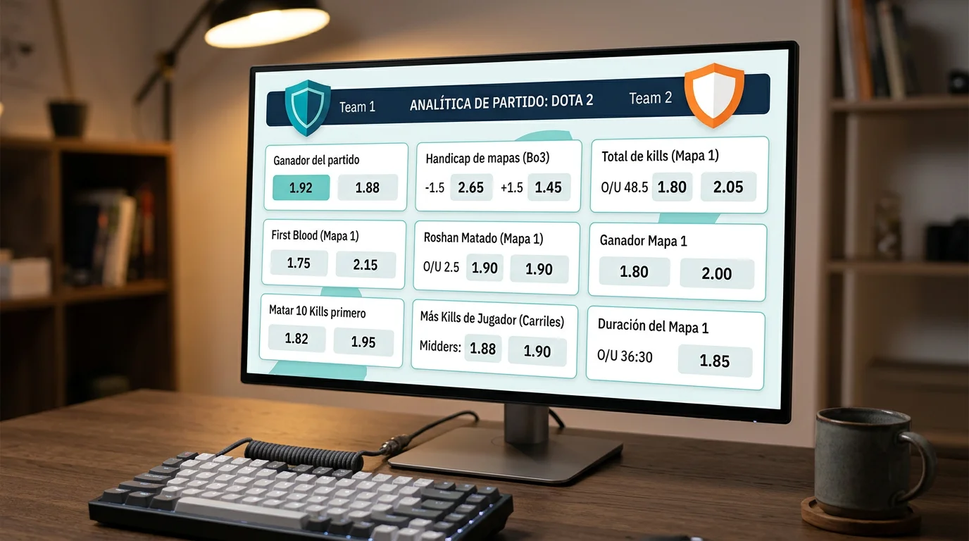 Interfaz de operador regulado mostrando múltiples mercados de apuestas para un partido de Dota 2