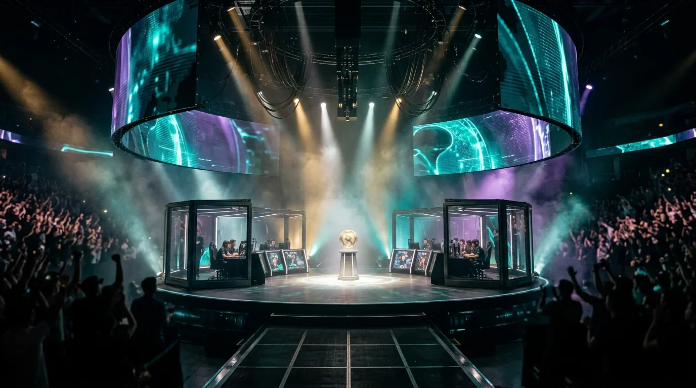 Escenario iluminado de The International de Dota 2 con el público de fondo